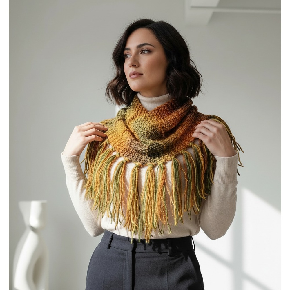 NEW Hand Knitted Orange Green Ombre Boho Cowl‎ Scarf Fringe Earthy Artsy Hippie